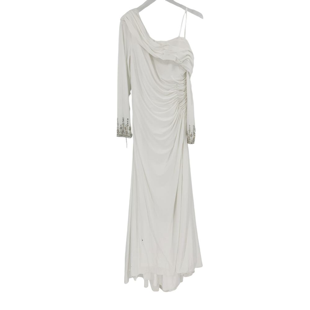 MAC DUGGAL Dress Size 10 Evening Gown White Off Shoulder Long Sleeve Rhinestone - Picture 4 of 7